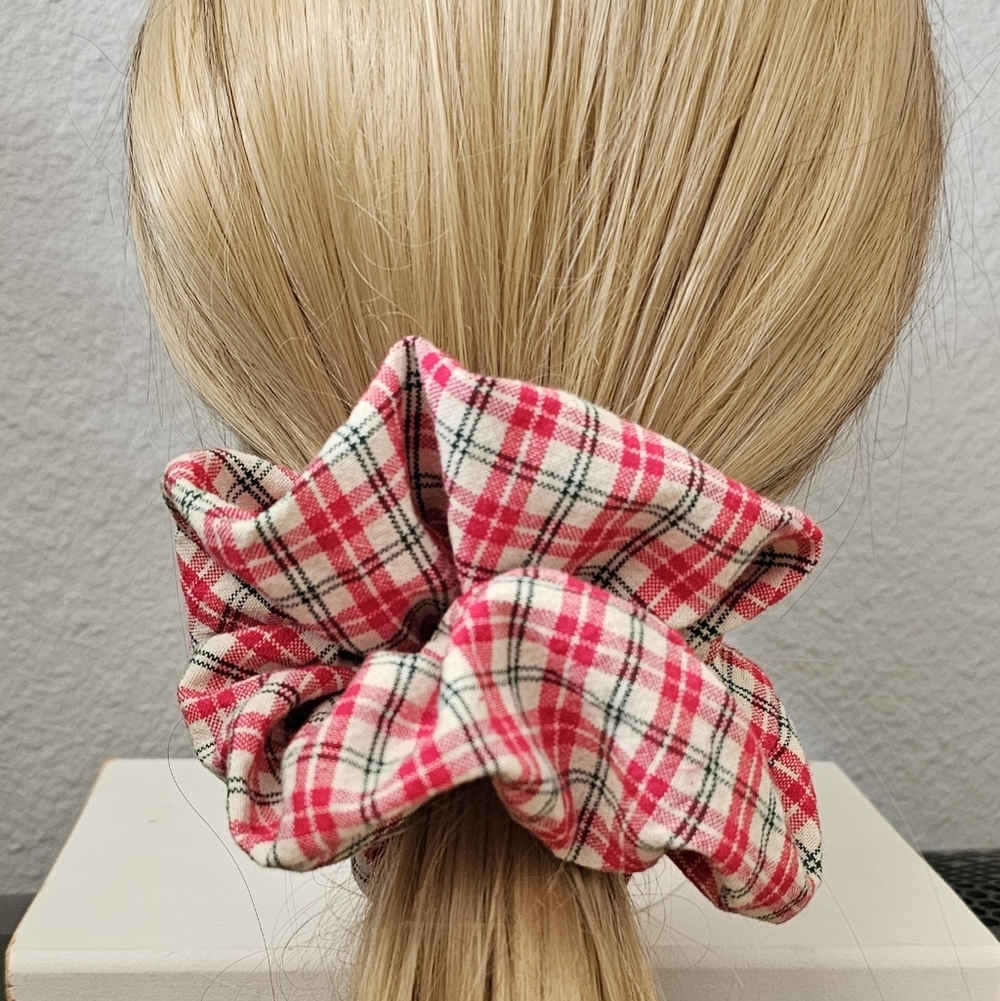 Set of 3 vibrant red white green plaid cotton scrunchies
